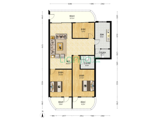 新城东五号区40幢人民银行宿舍 3室1厅2卫 123平方