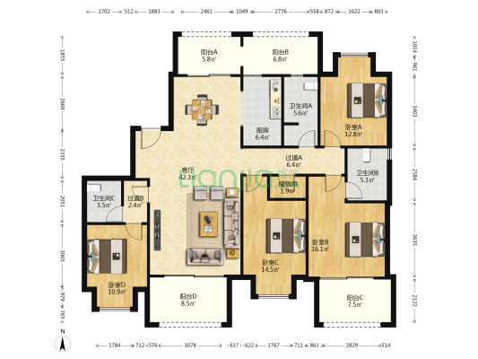 海航豪庭南苑二区 4室1厅3卫 195平方