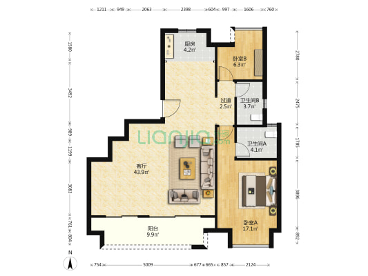 迪鑫阳光天宸 2室1厅2卫 110平方