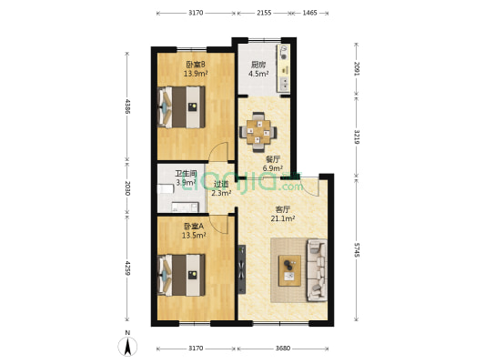 市政府楼小区 2室2厅1卫 87平方
