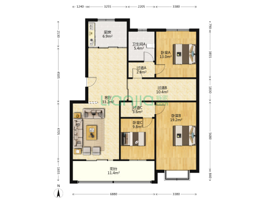 鸿都翡翠嘉园 3室1厅1卫 143平方