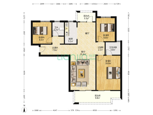 西湖天胤 3室1厅2卫 130平方