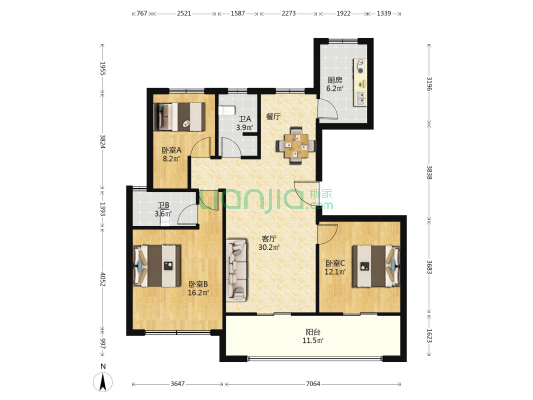 亿尚天时湾 3室1厅2卫 117平方