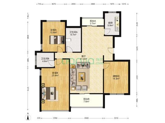 水木清华 2室1厅2卫 128平方