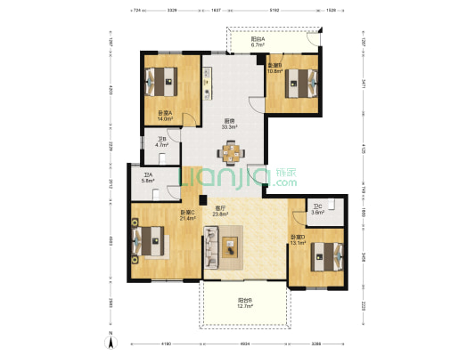 东方都市 4室1厅3卫 172平方