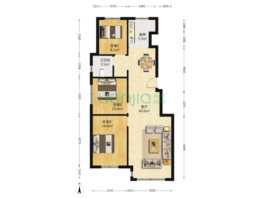 英伦小镇A区 3室1厅1卫 111平方