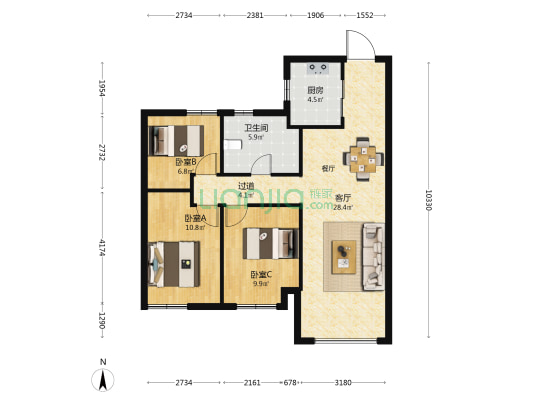 首开香颂 3室1厅1卫 90平方