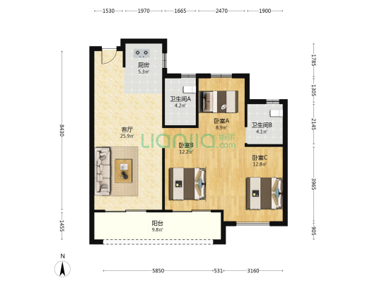 红旗府 3室1厅2卫 101平方