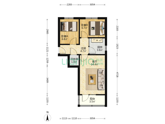 现代农业科学研究院宿舍 2室1厅1卫 52平方
