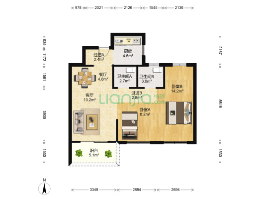 江南院子 2室2厅2卫 78平方