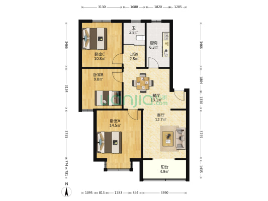 花岗新城 3室2厅1卫 94平方