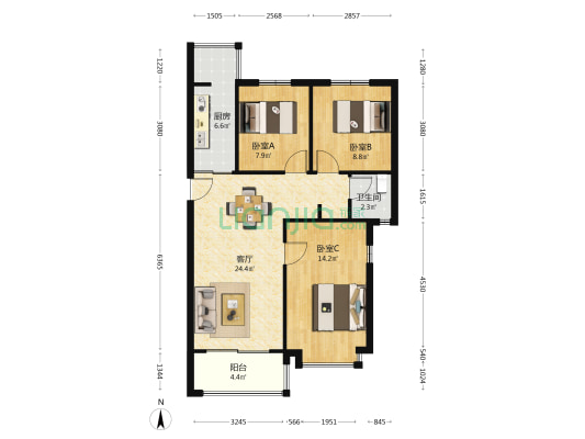 合能十里锦绣三期 3室1厅1卫 91平方