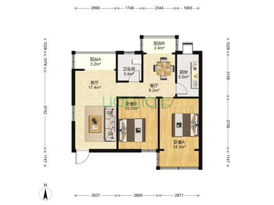 乐佳小区 2室2厅1卫 77平方