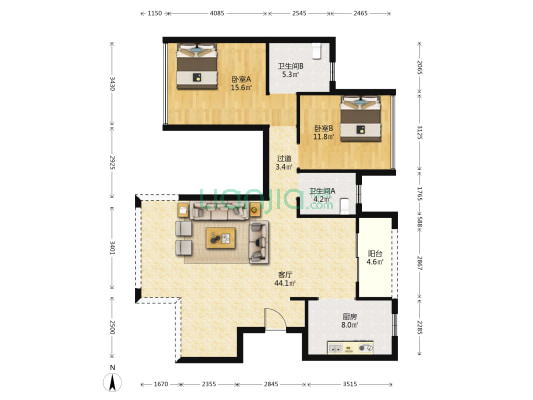 中铁国际生态城白晶谷9组团 2室1厅2卫 110平方