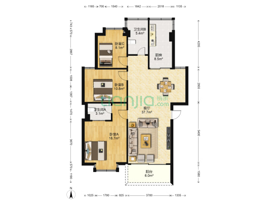 紫荆苑 3室1厅2卫 109平方