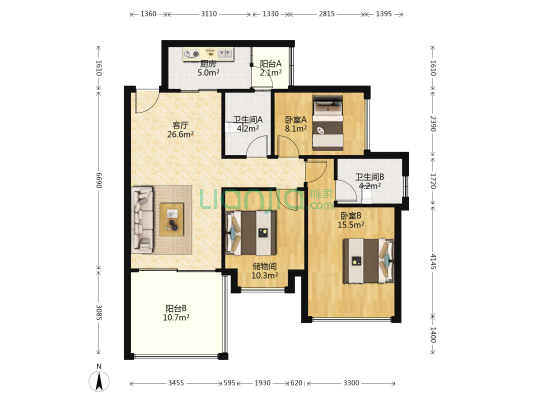万景峰一期 2室1厅2卫 87平方