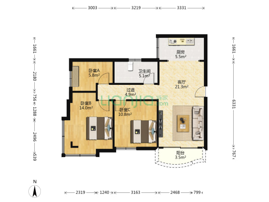 荔庭园二期 3室1厅1卫 84平方