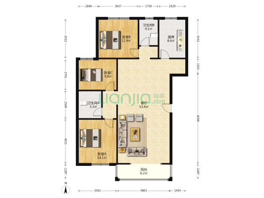 燕赵花园南北通透大三居，一梯两户电梯房，精装修-户型图