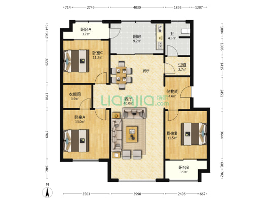 颐和嘉园 3室1厅1卫 143平方