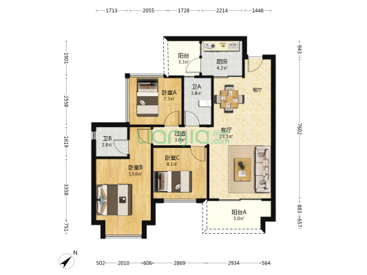 环天时代二期 3室1厅2卫 87平方