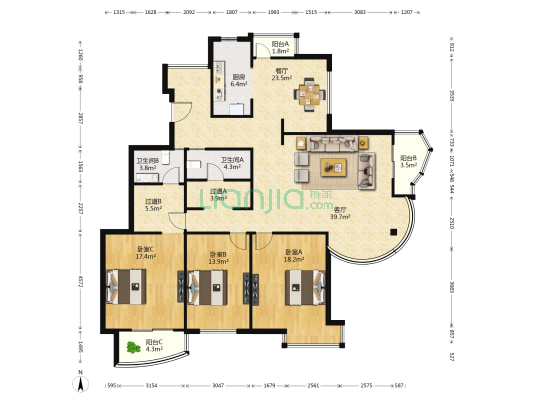 华新铭座 3室2厅2卫 169平方