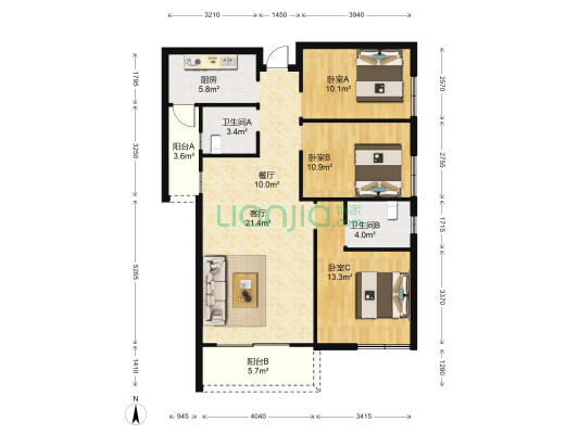 金湾花园 3室2厅2卫 107平方