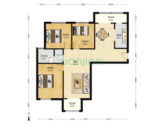 时代新居 3室1厅1卫 121平方