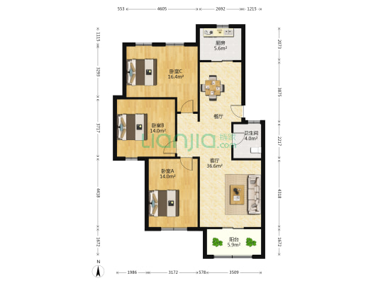 惠民清河园 3室1厅1卫 117平方