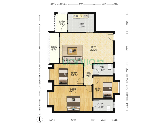 盈逸居 3室1厅2卫 114平方