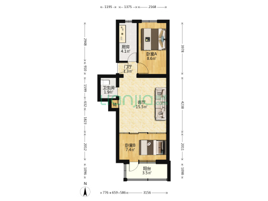 拱辰大街 2室1厅1卫 53平方