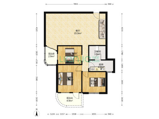 金海广场 3室1厅1卫 95平方