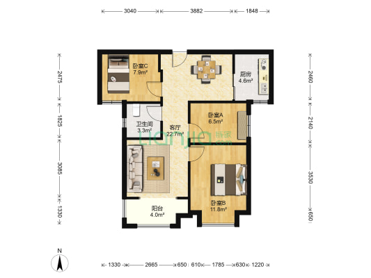万锦嘉园 3室1厅1卫 91平方