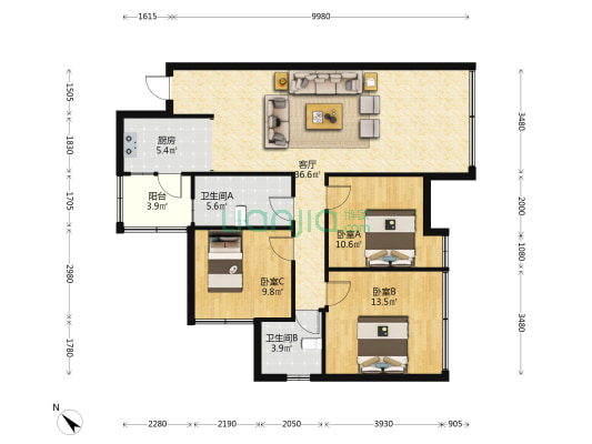 南湖时光里 3室1厅2卫 109平方