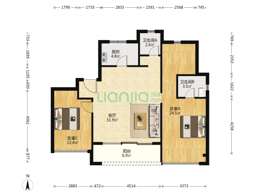 远洋山海万和 2室1厅2卫 113平方