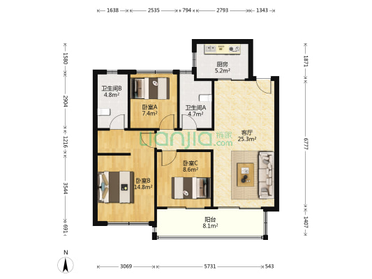 名湖豪庭 3室1厅2卫 98平方