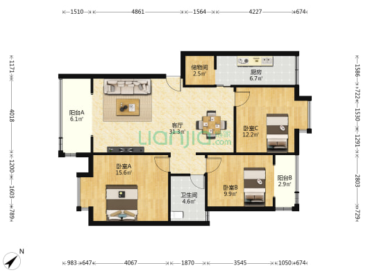 山水年华B区 3室1厅1卫 105平方