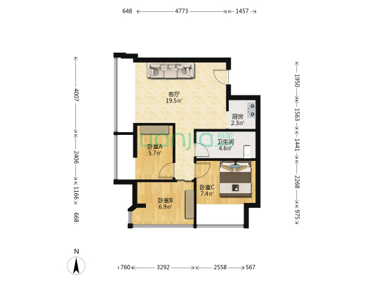 鸿坤七星长安 3室1厅1卫 75平方