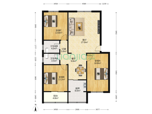 广场小区 3室2厅2卫 128平方