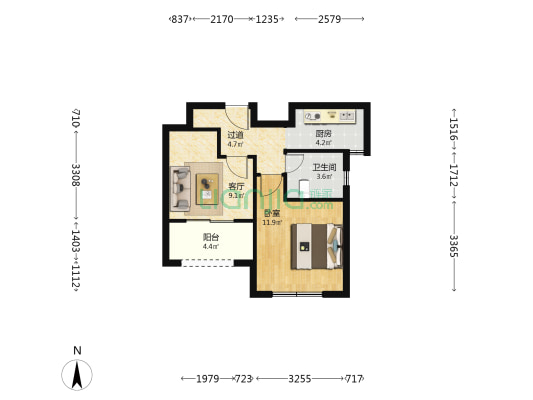 兰棠佳苑 1室1厅1卫 59平方