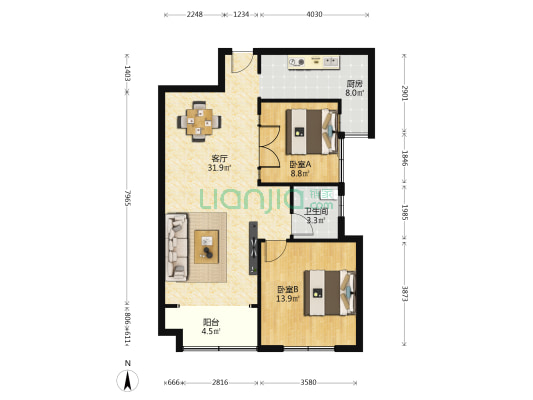 茂业中心 2室1厅1卫 95平方