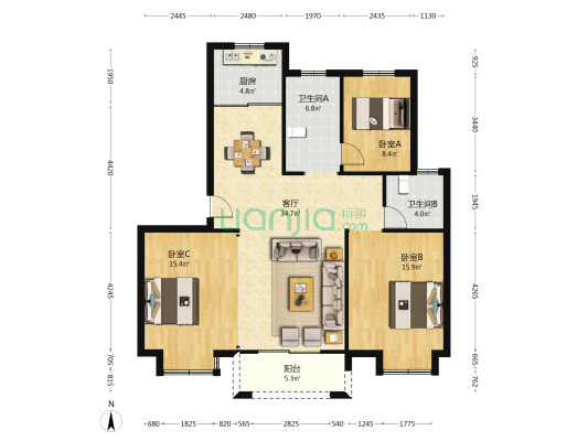 恬庄花苑 3室1厅2卫 123平方