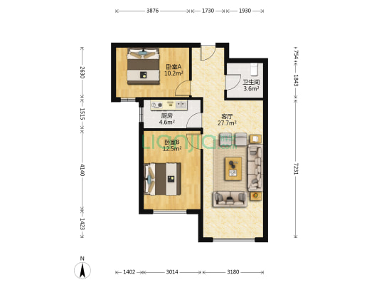 精装全南两居室，房本满二，视野好-户型图