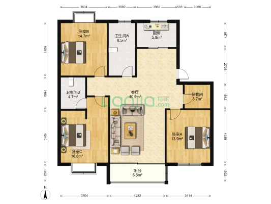 绸缎小区 3室1厅2卫 137平方