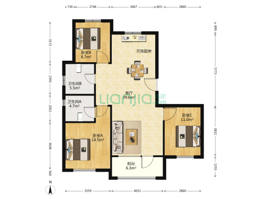 贾家庄新村 3室1厅2卫 125平方