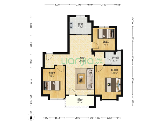 芝罘万科城 3室1厅1卫 95平方
