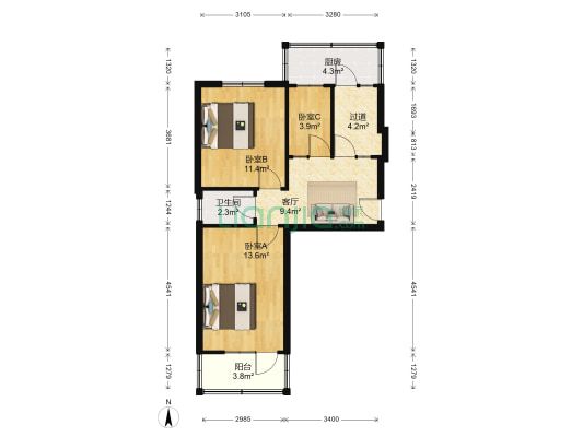 肿瘤医院宿舍 3室1厅1卫 66平方
