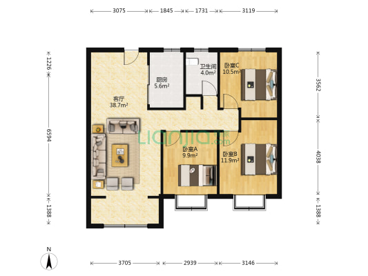 海尔云世界天玺 3室1厅1卫 109平方