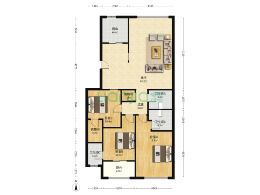 兴旺大厦 3室1厅3卫 148平方