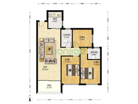 正兆千树晴山 3室1厅2卫 96平方