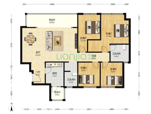 梓潼四季 4室1厅2卫 143平方